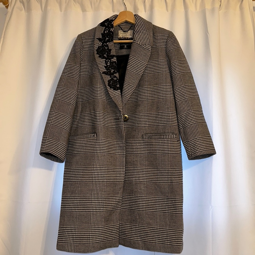 Kensie Black and White Plaid Pea Coat